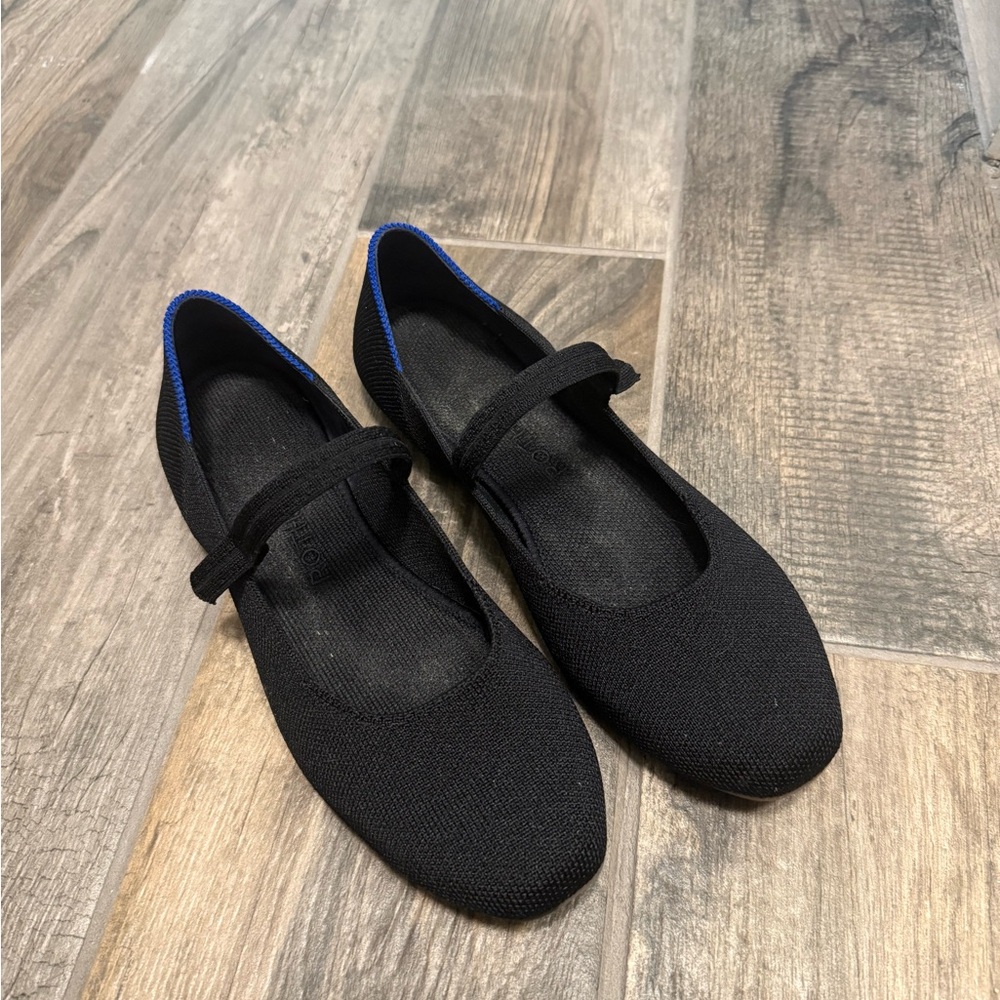 Rothy's Black Knit Mary Jane Flats with Blue Trim